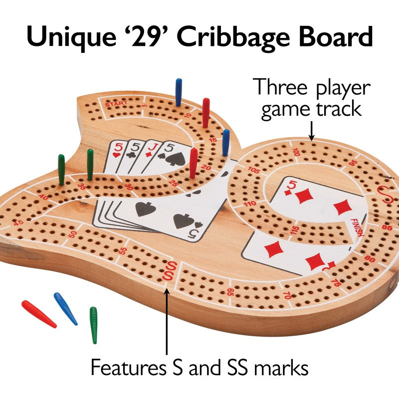 Solid pine wood 29 cribbage board game set with colorful tracking pegs and natural finish — view 4