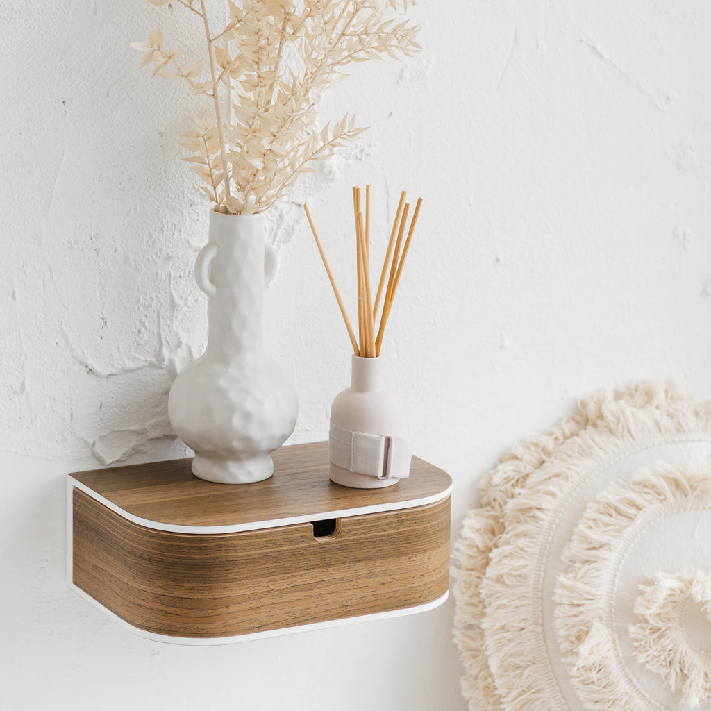 Handcrafted minimalist floating wooden nightstand with a white solid acrylic stone top and hidden drawer — view 5