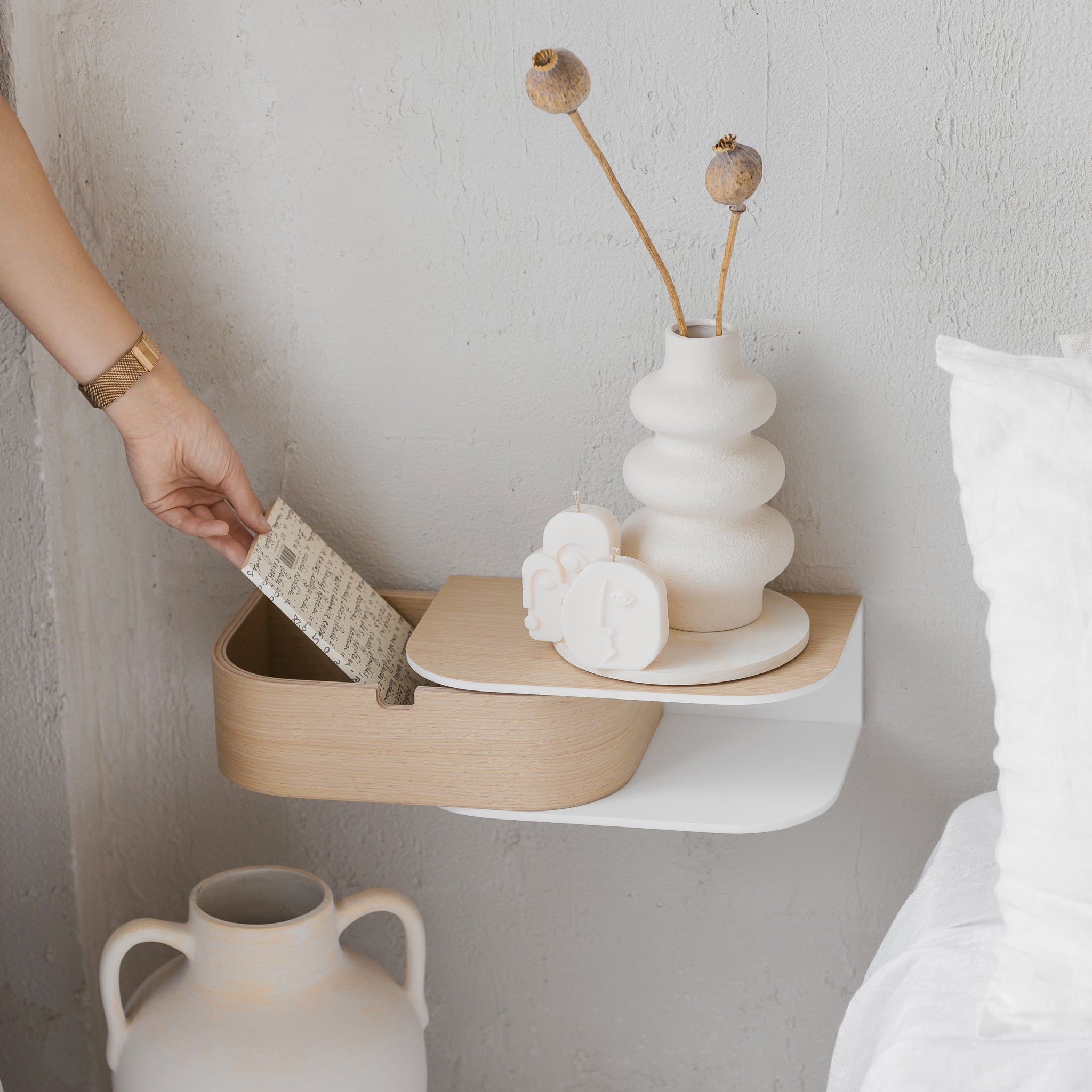 Handcrafted minimalist floating wooden nightstand with a white solid acrylic stone top and hidden drawer — view 4