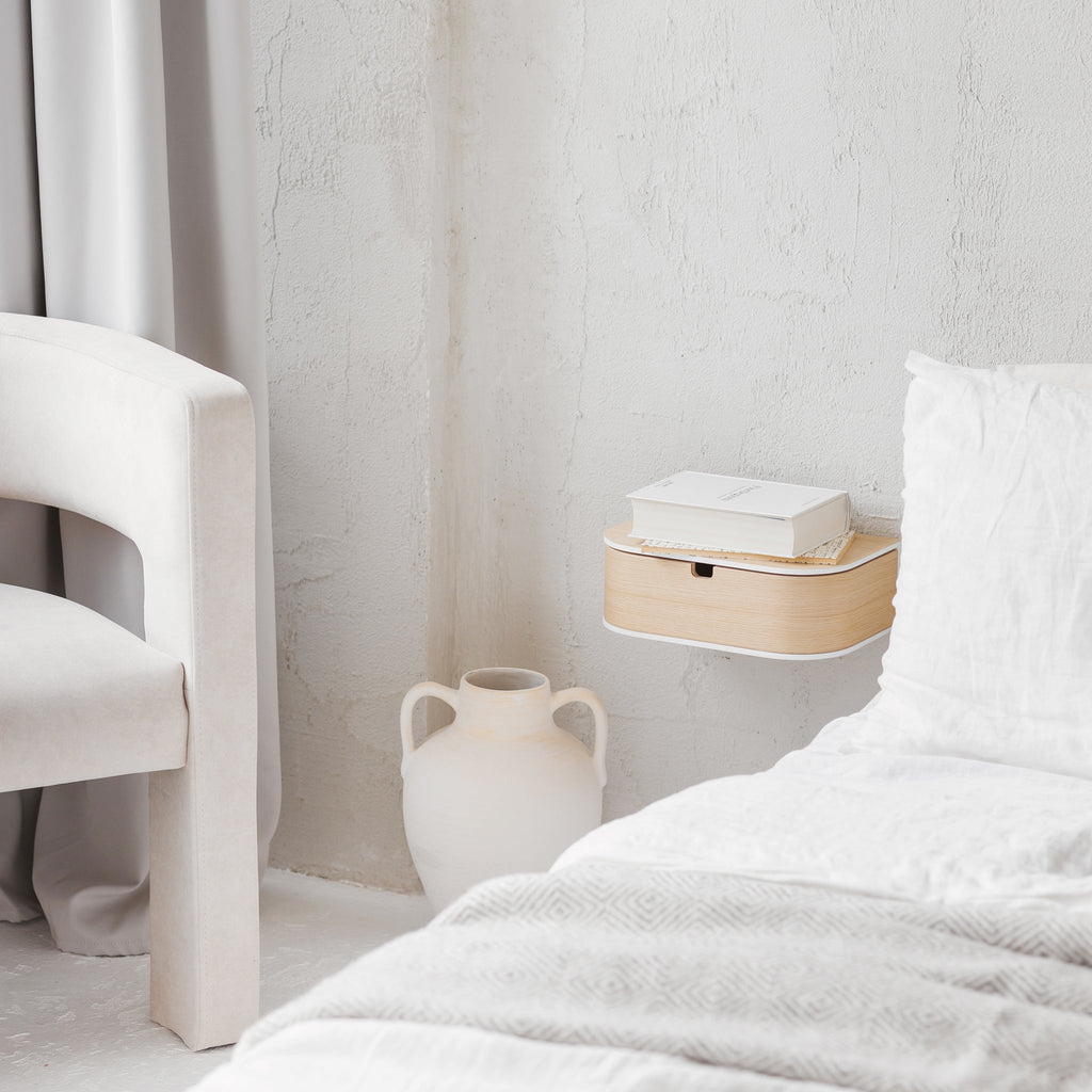 Handcrafted minimalist floating wooden nightstand with a white solid acrylic stone top and hidden drawer — view 3