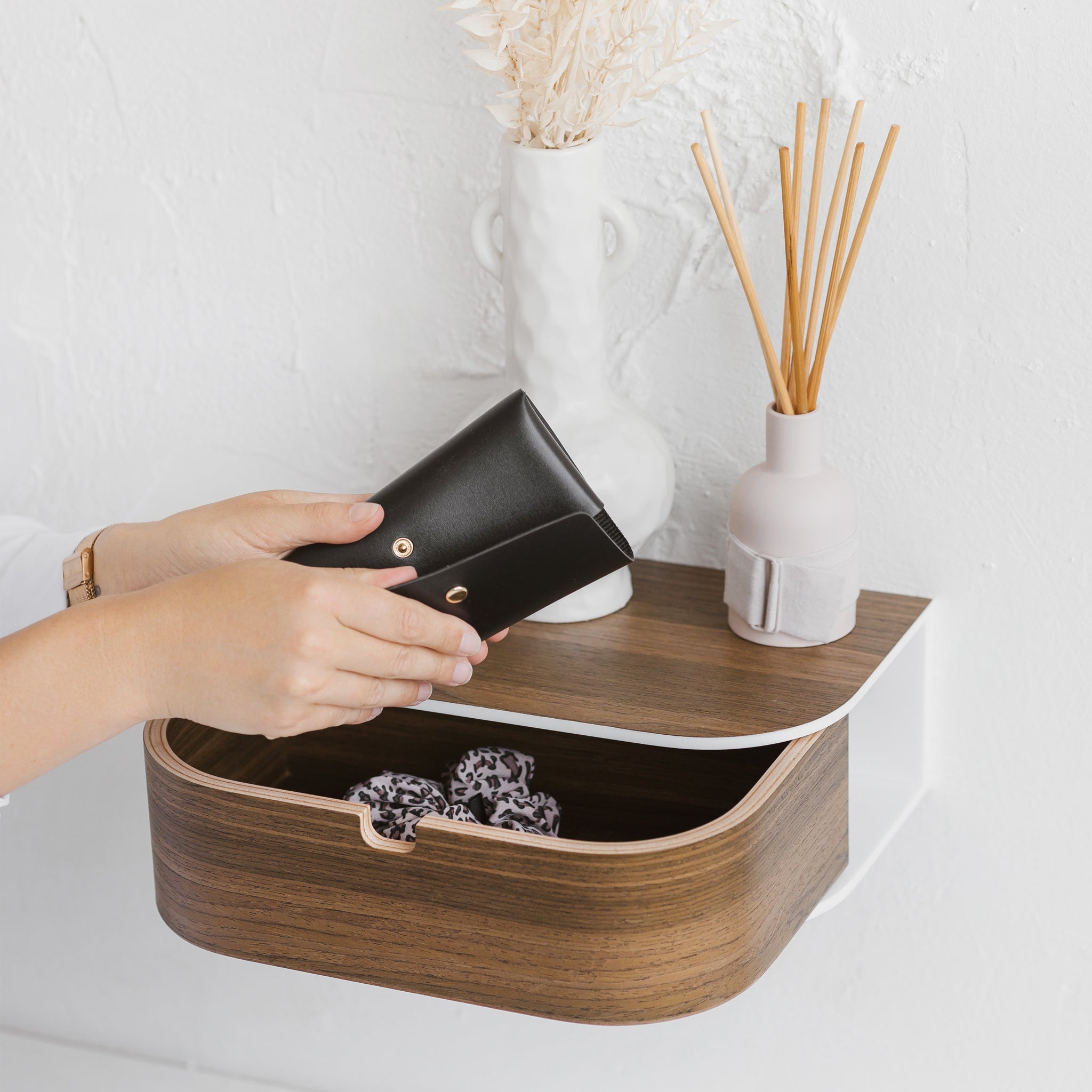 Handcrafted minimalist floating wooden nightstand with a white solid acrylic stone top and hidden drawer — view 2