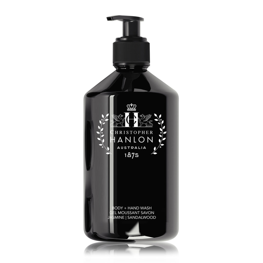 Jasmine and sandalwood botanical body wash in a premium eco-friendly refillable pump dispenser bottle