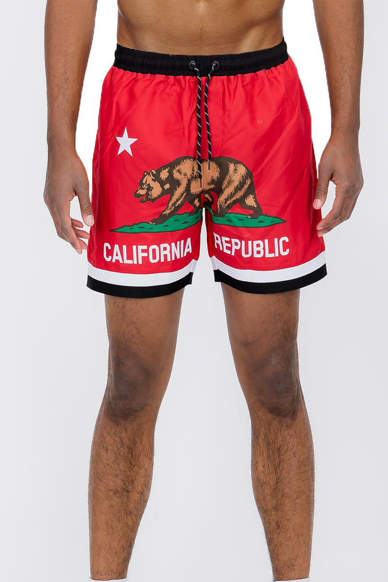 Men's Fronted Cali Rep print swim shorts with a 5.5-inch inseam and quick-dry polyester fabric