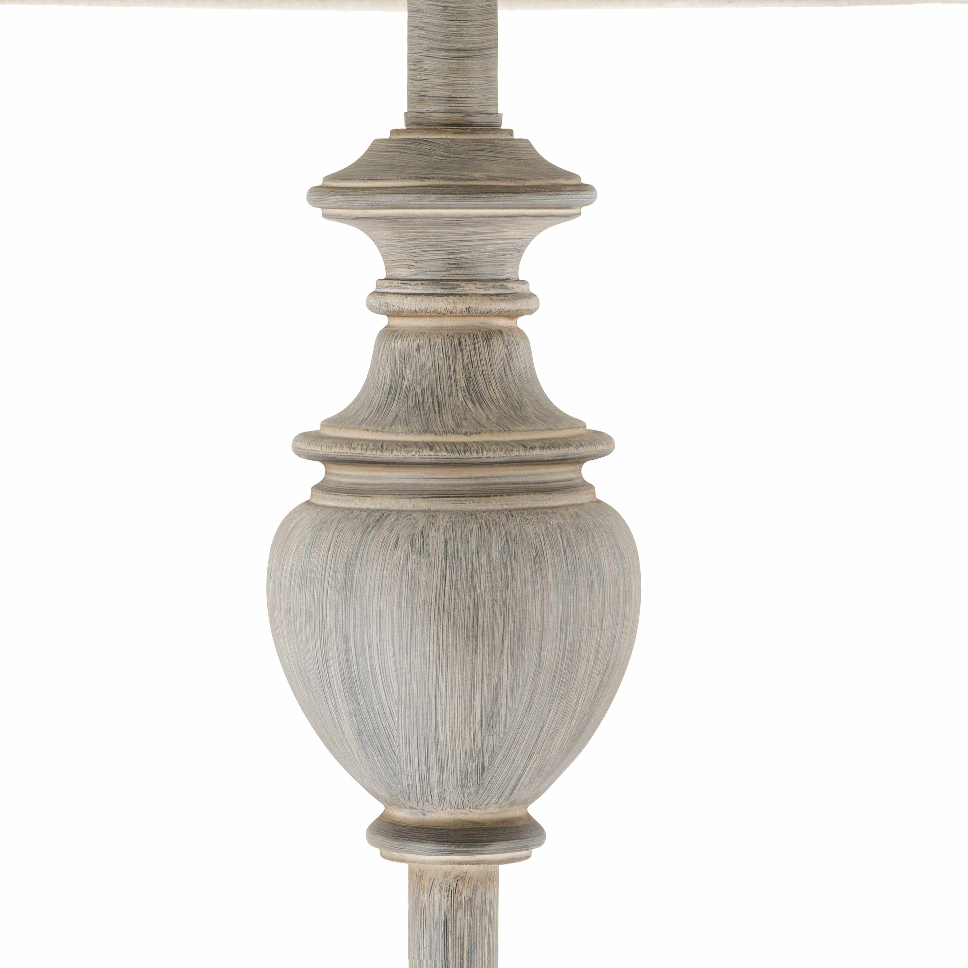 Binidayan traditional gray resin floor lamp featuring a classic white and beige linen fabric shade. — view 4
