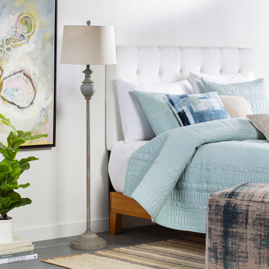 Binidayan traditional gray resin floor lamp featuring a classic white and beige linen fabric shade. — view 2