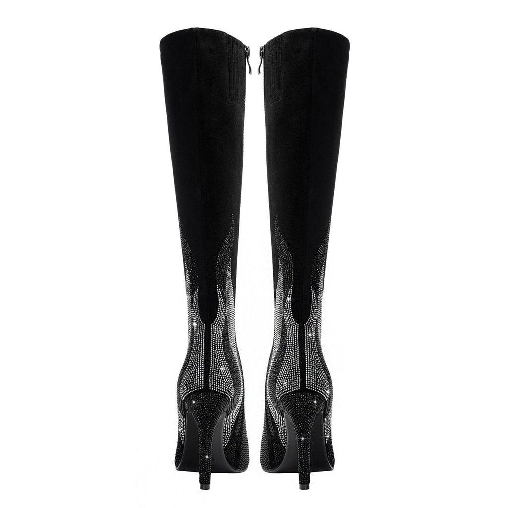 Black suede knee-high stiletto boots featuring a silver rhinestone flame design and pointed toe — view 5