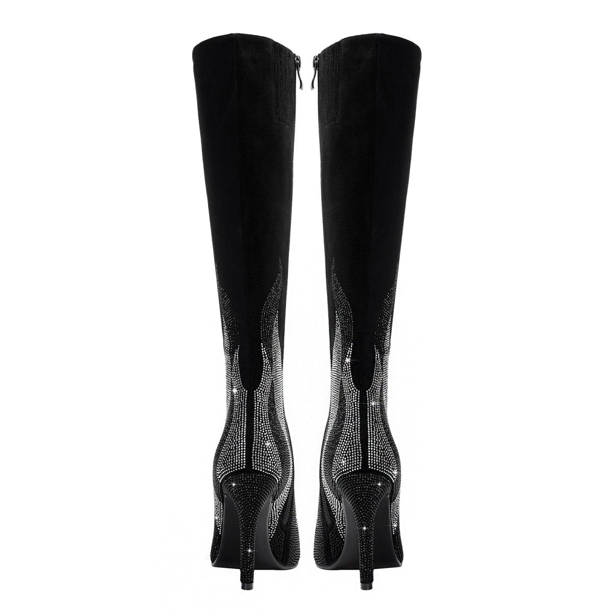 Black suede knee-high stiletto boots featuring a silver rhinestone flame design and pointed toe — view 5