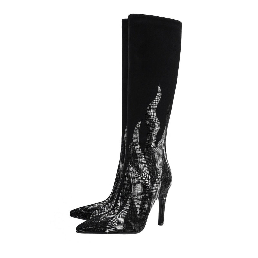 Black suede knee-high stiletto boots featuring a silver rhinestone flame design and pointed toe — view 4