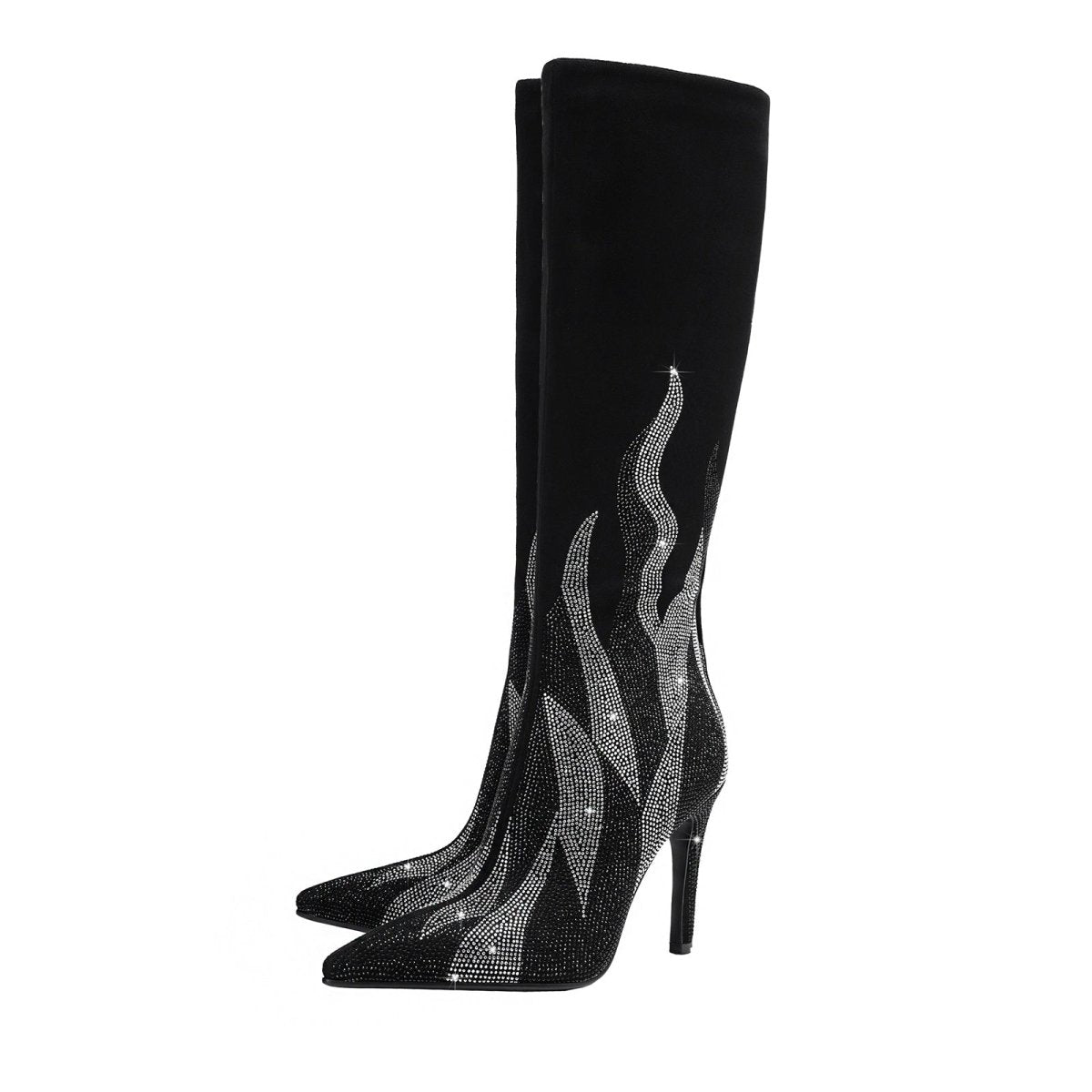 Black suede knee-high stiletto boots featuring a silver rhinestone flame design and pointed toe — view 4