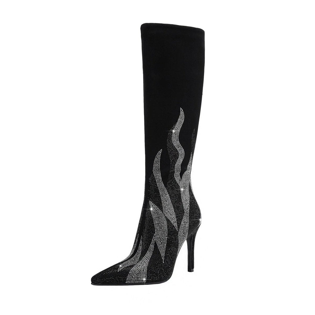 Black suede knee-high stiletto boots featuring a silver rhinestone flame design and pointed toe — view 3