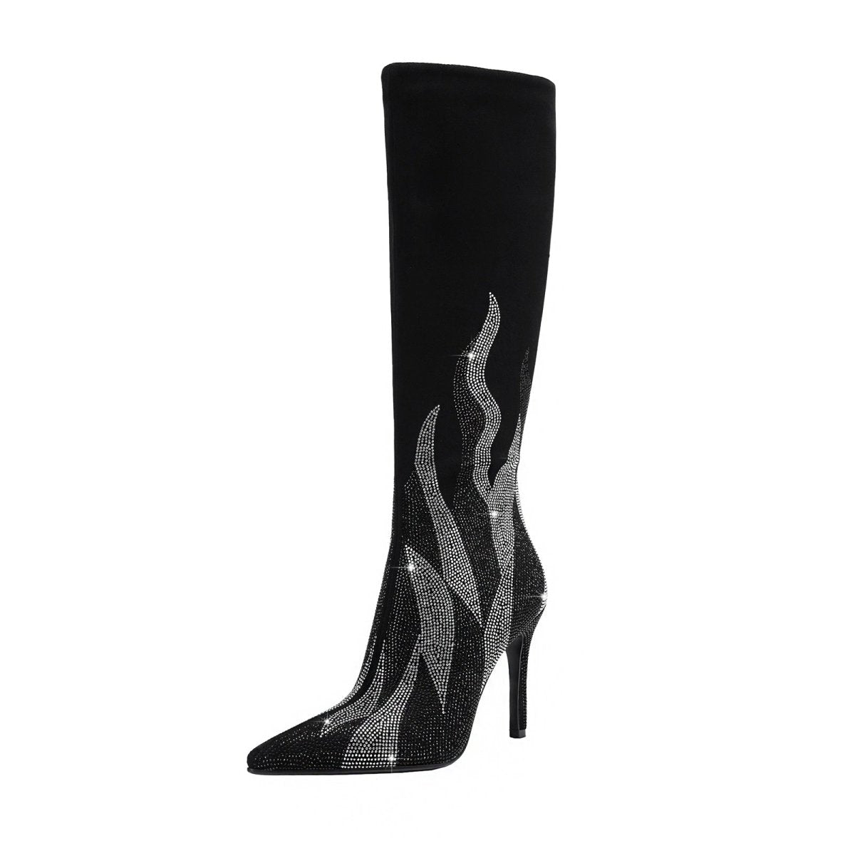 Black suede knee-high stiletto boots featuring a silver rhinestone flame design and pointed toe — view 3