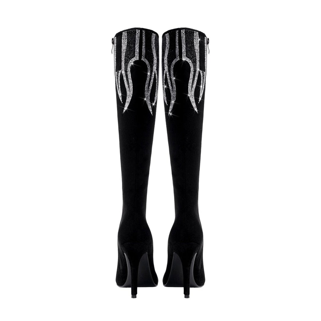 Black suede knee high boots with silver rhinestone flame details and sleek stiletto heel — view 5