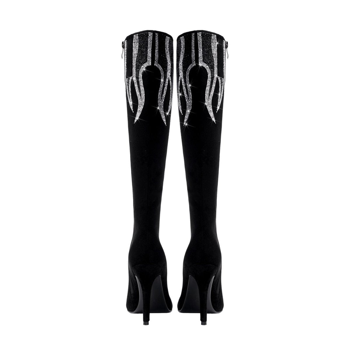 Black suede knee high boots with silver rhinestone flame details and sleek stiletto heel — view 5