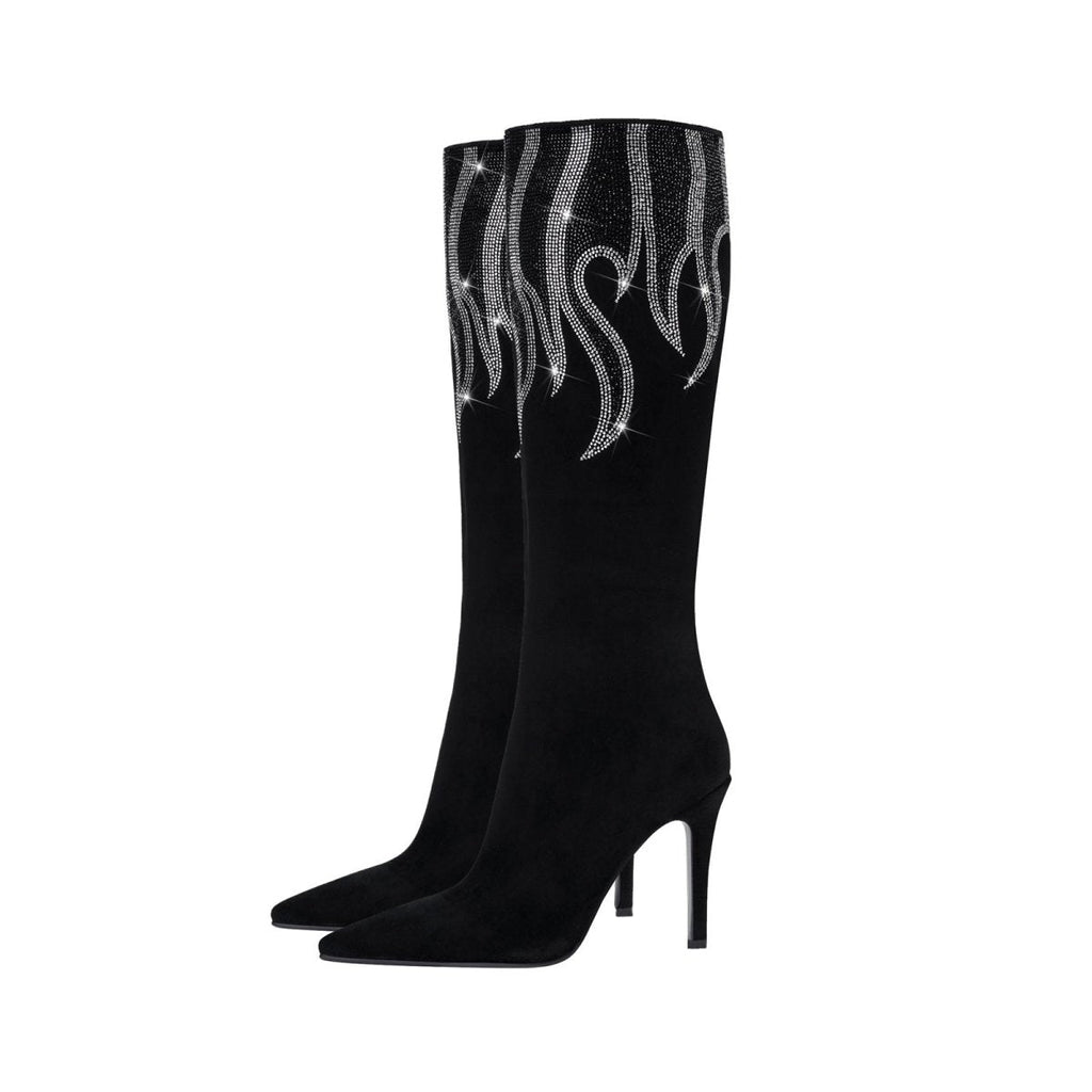 Black suede knee high boots with silver rhinestone flame details and sleek stiletto heel — view 3