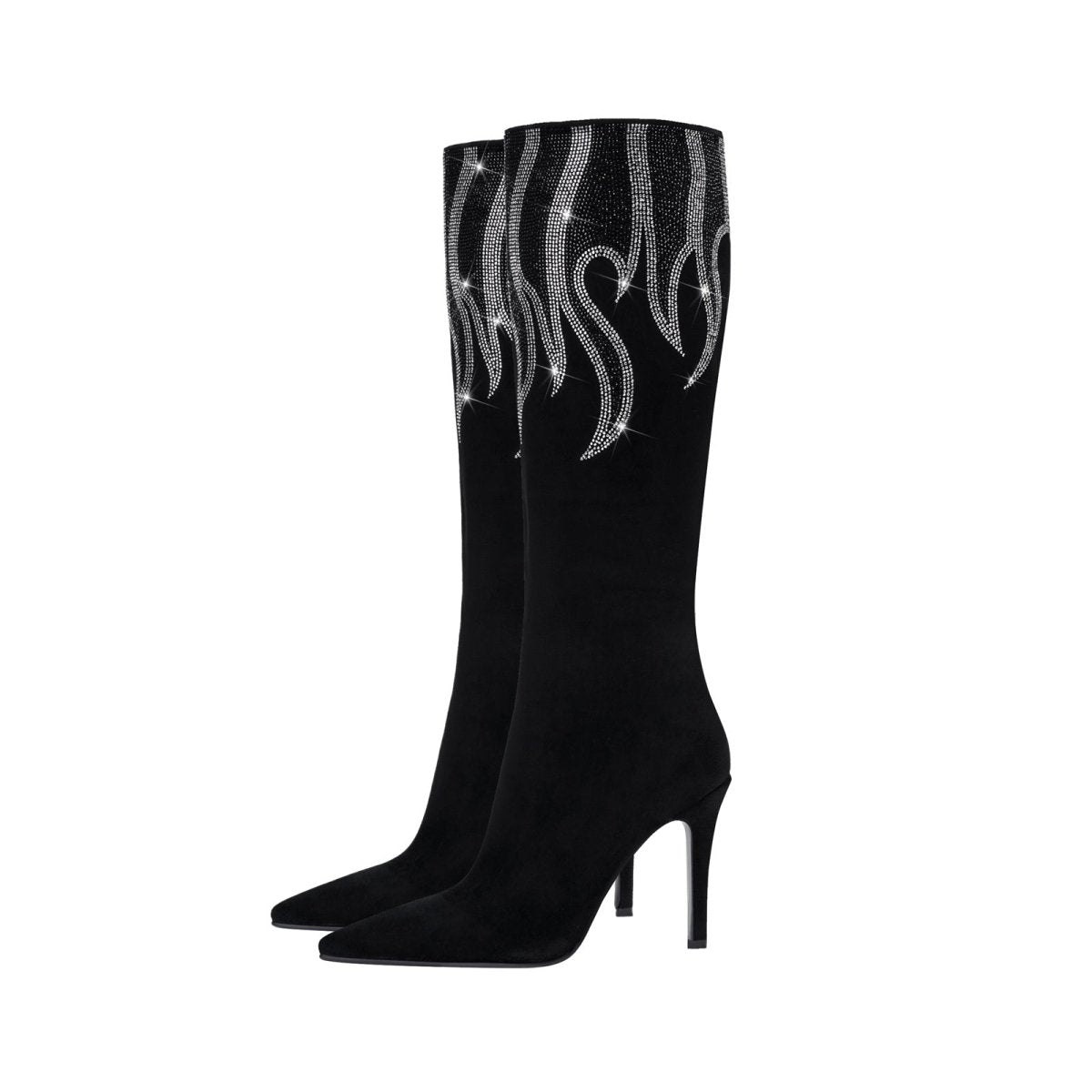 Black suede knee high boots with silver rhinestone flame details and sleek stiletto heel — view 3
