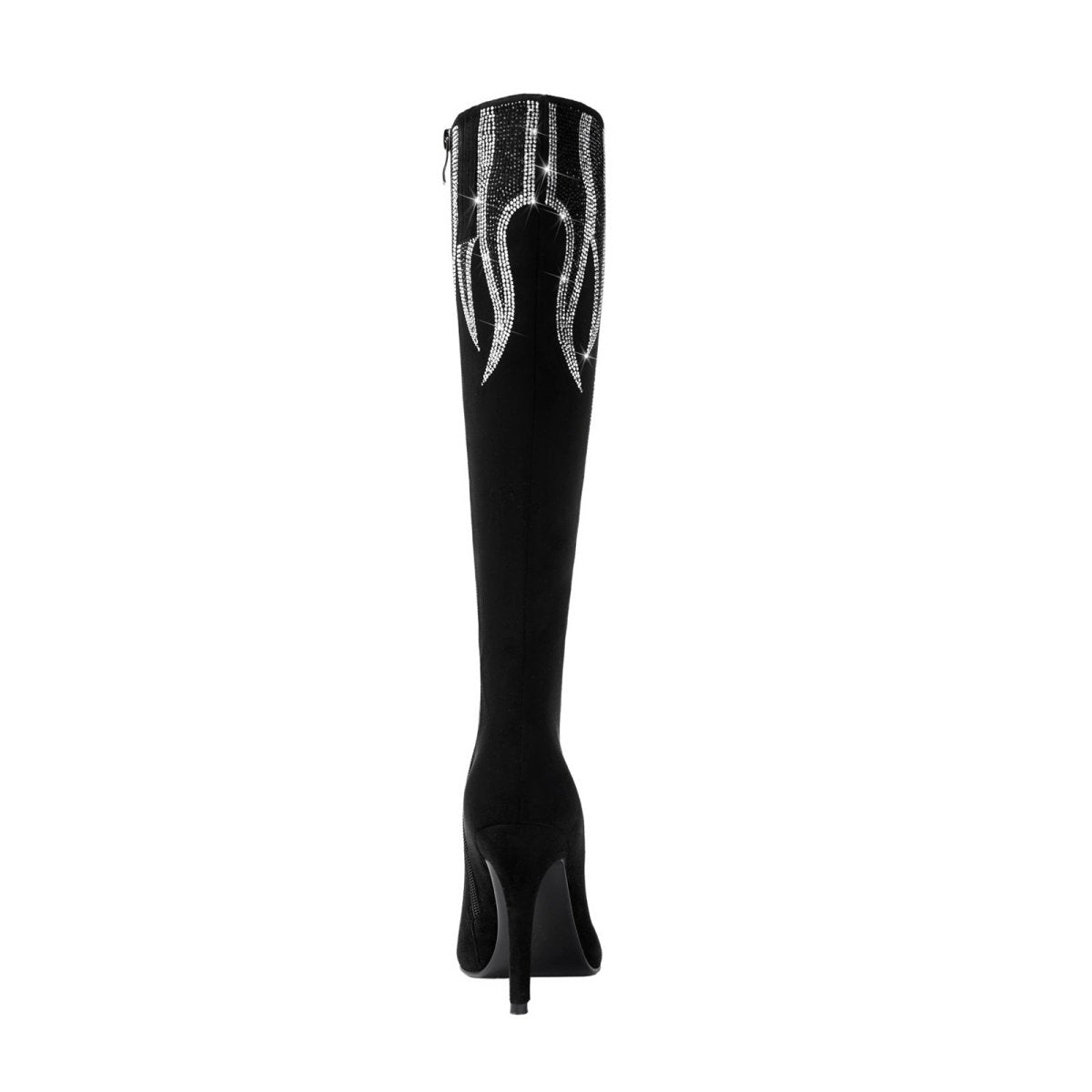 Black suede knee high boots with silver rhinestone flame details and sleek stiletto heel — view 4
