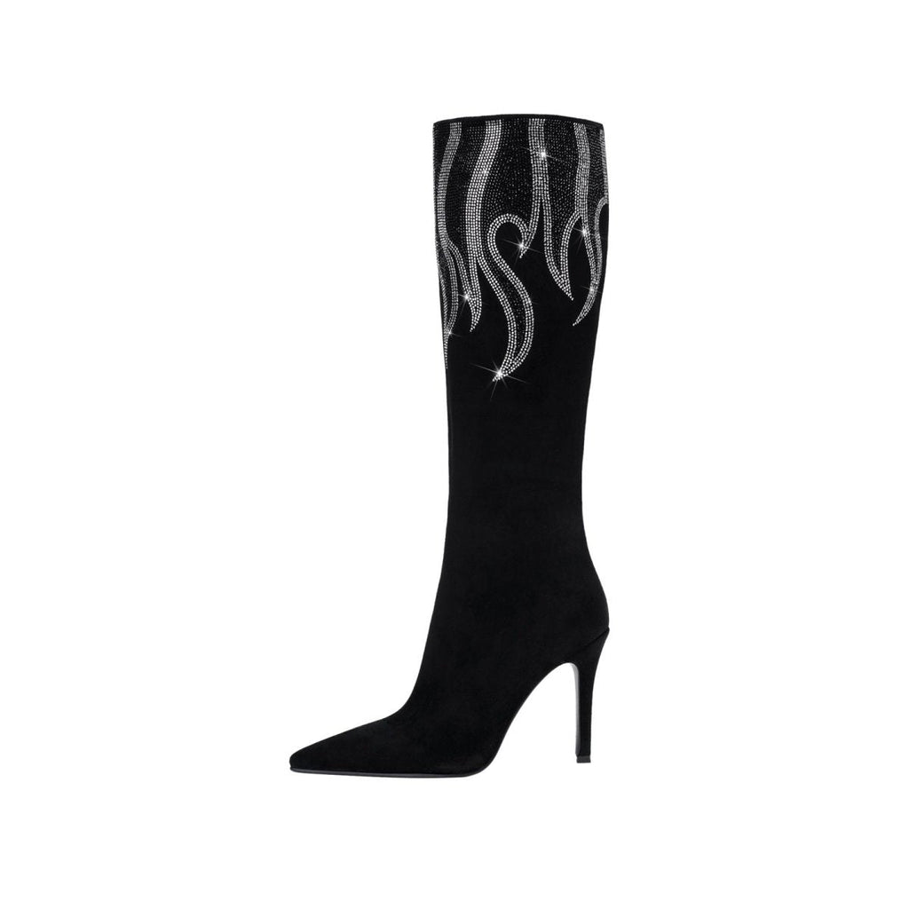 Black suede knee high boots with silver rhinestone flame details and sleek stiletto heel