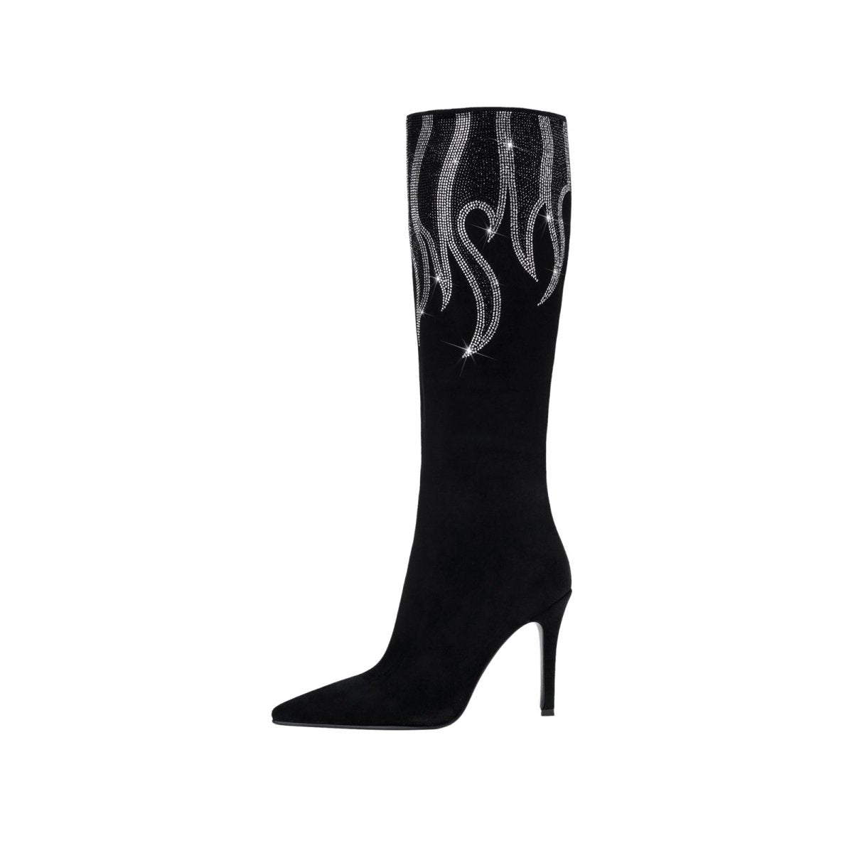 Black suede knee high boots with silver rhinestone flame details and sleek stiletto heel