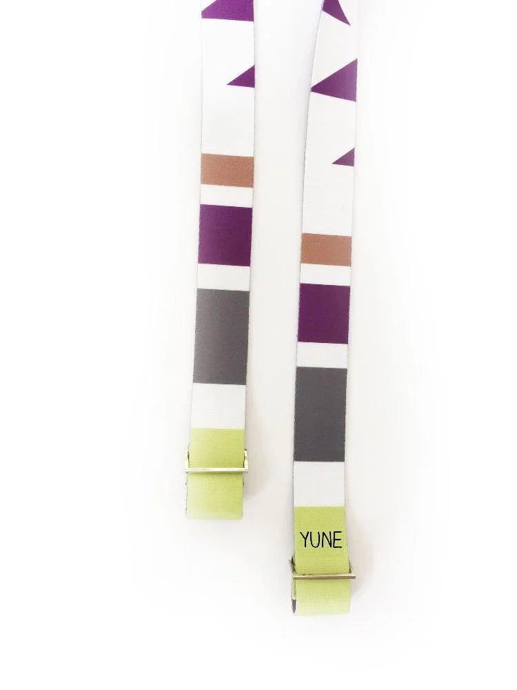 Black and white geometric print organic cotton yoga strap mat carrier with metal D-ring buckles — view 2