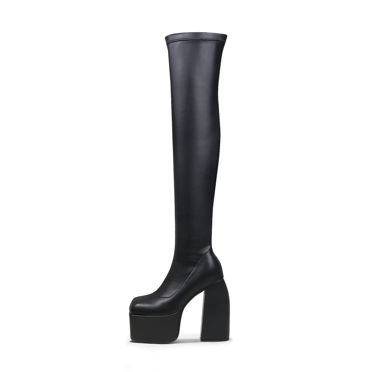 Black cyberpunk knee-high boots featuring stretchable leather, a slip-on fit, and sturdy block heels