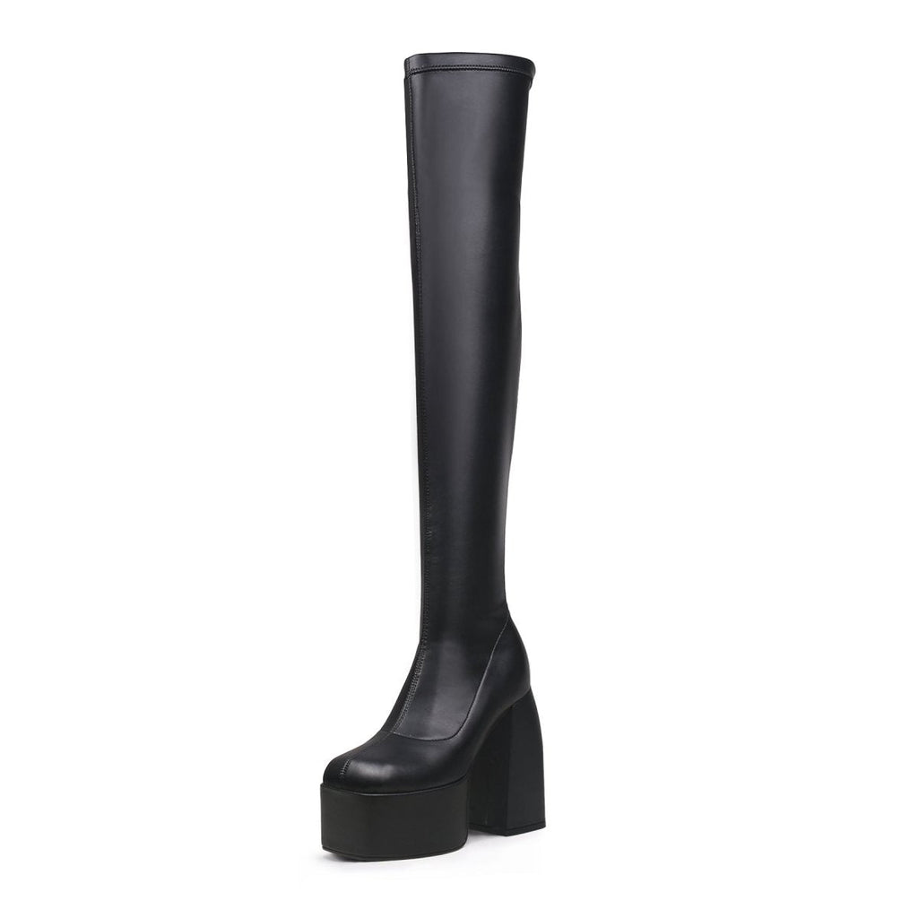 Black cyberpunk knee-high boots featuring stretchable leather, a slip-on fit, and sturdy block heels — view 2