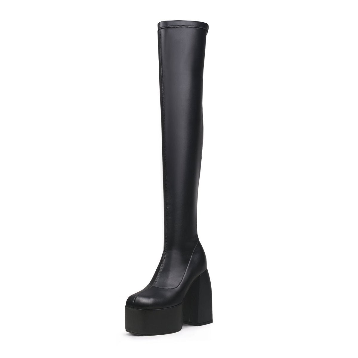 Black cyberpunk knee-high boots featuring stretchable leather, a slip-on fit, and sturdy block heels — view 2