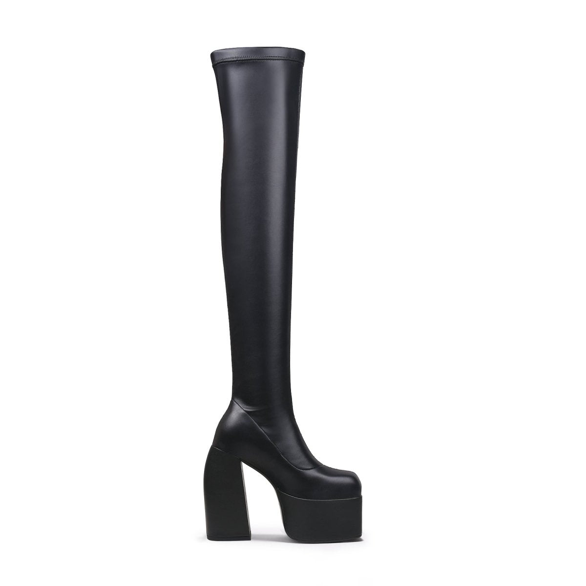 Black cyberpunk knee-high boots featuring stretchable leather, a slip-on fit, and sturdy block heels — view 3