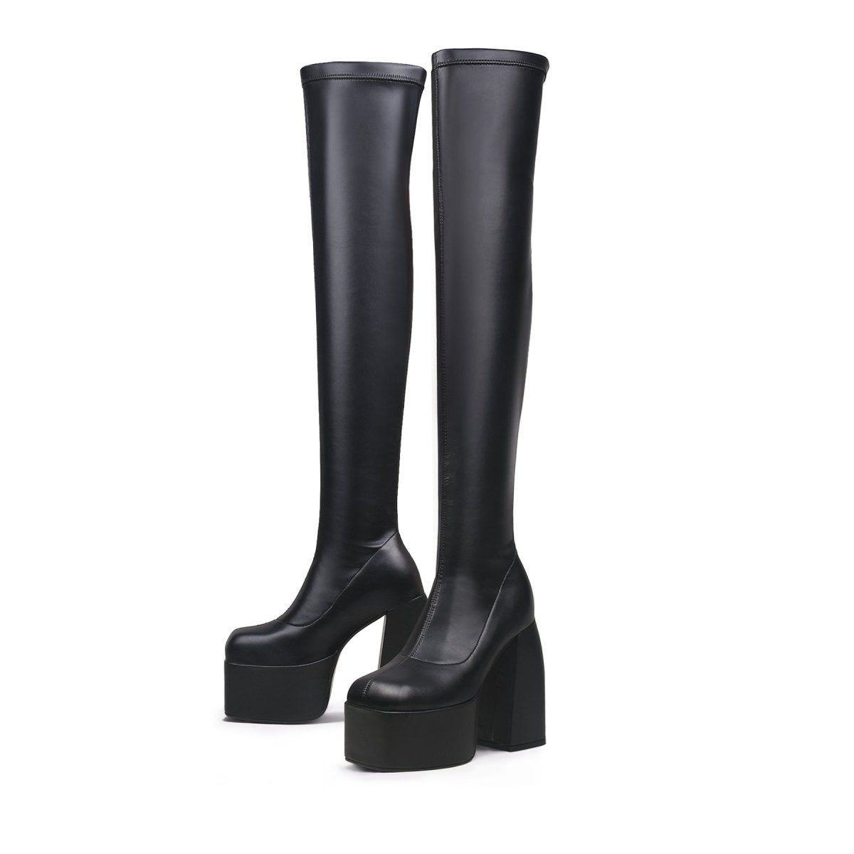 Black cyberpunk knee-high boots featuring stretchable leather, a slip-on fit, and sturdy block heels — view 5