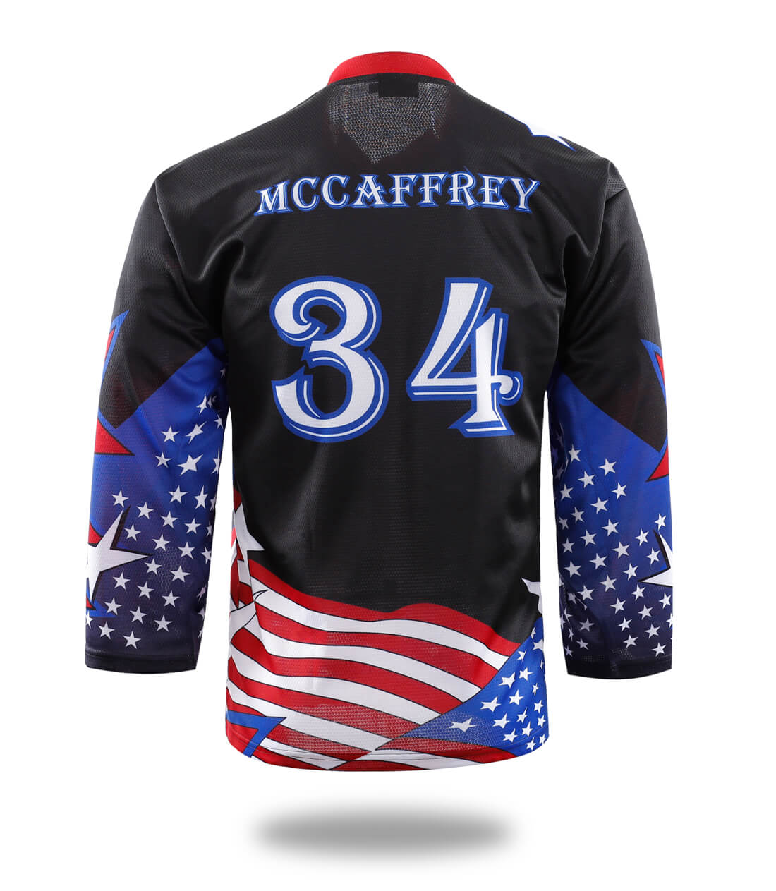 Black American flag hockey jersey long sleeve V-neck athletic top in breathable polyester fabric — view 2