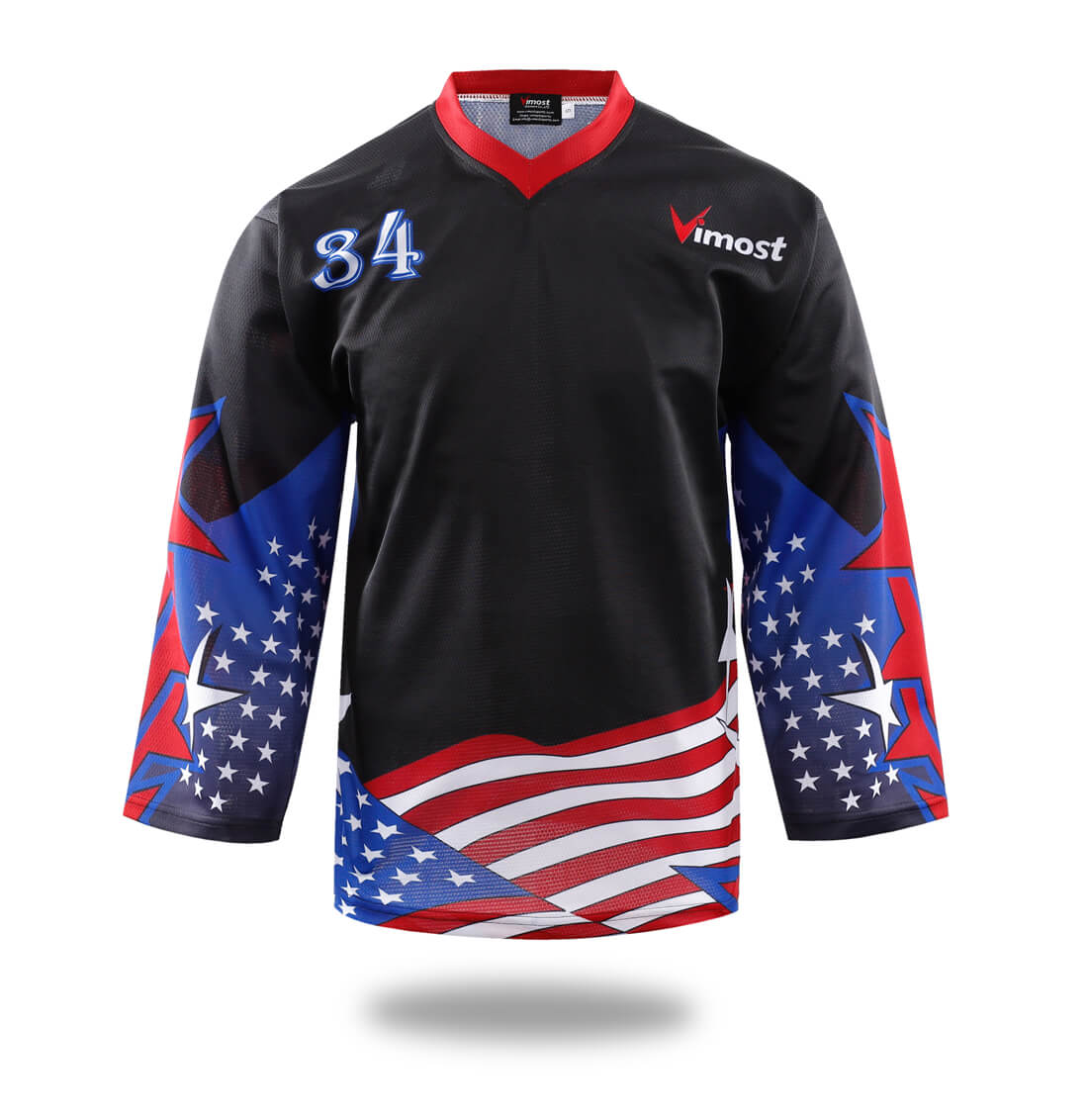 Black American flag hockey jersey long sleeve V-neck athletic top in breathable polyester fabric