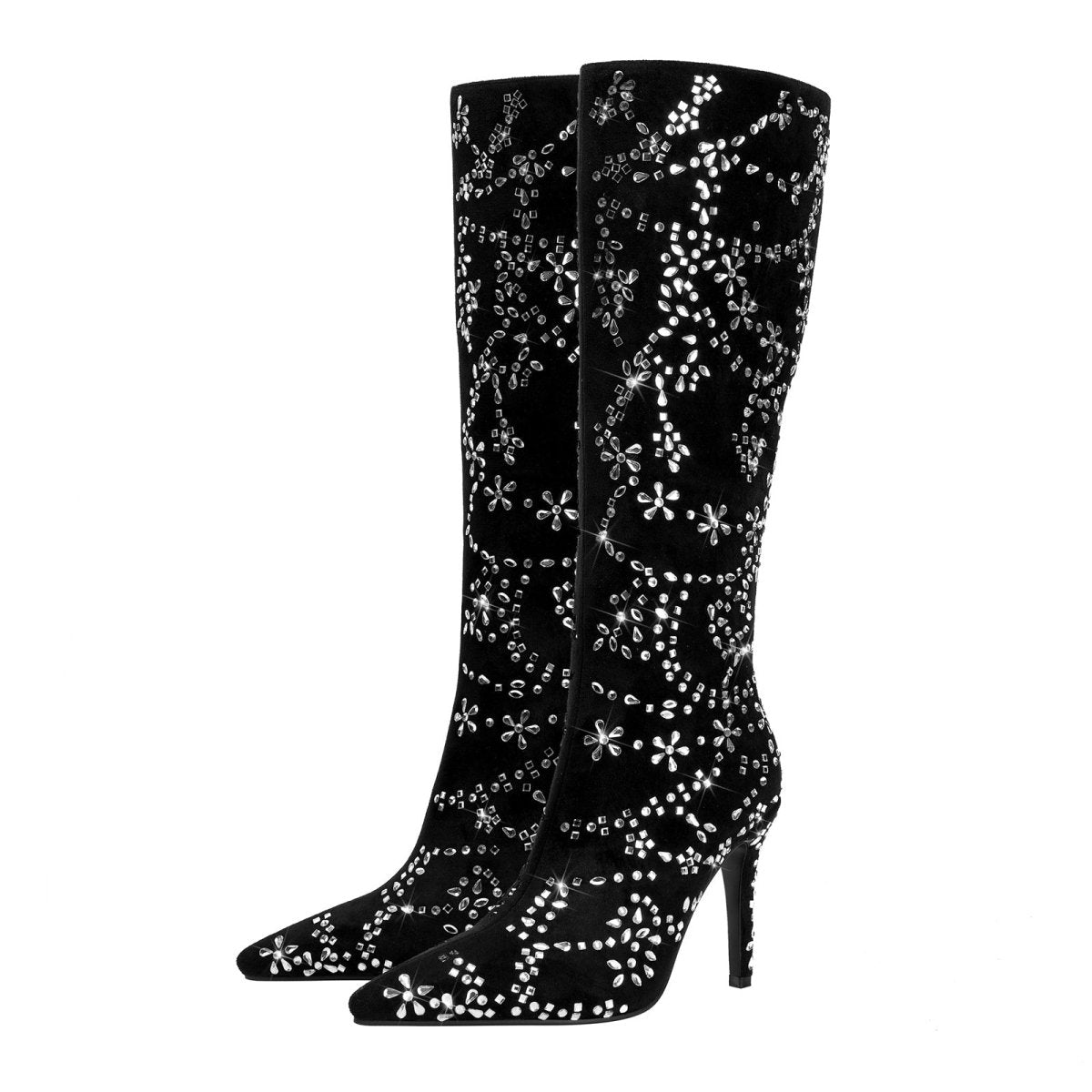 Black floral crystal embellished knee-high boots in deep velvet with a pointed toe and stiletto heel — view 4