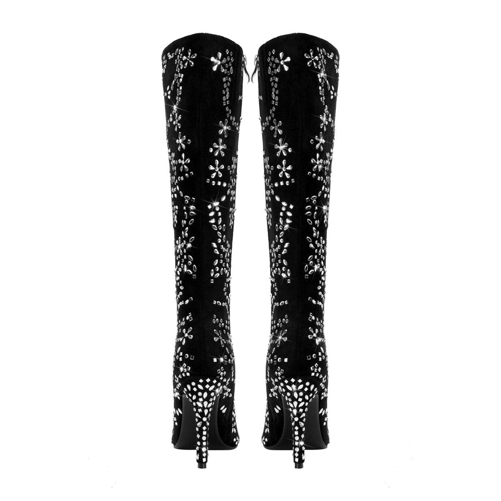 Black floral crystal embellished knee-high boots in deep velvet with a pointed toe and stiletto heel — view 5