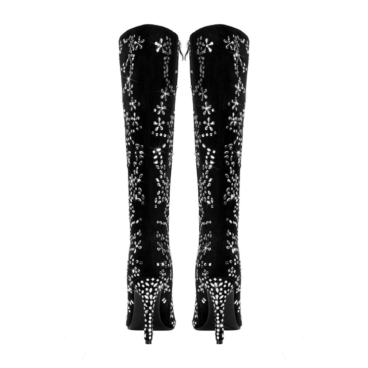 Black floral crystal embellished knee-high boots in deep velvet with a pointed toe and stiletto heel — view 5