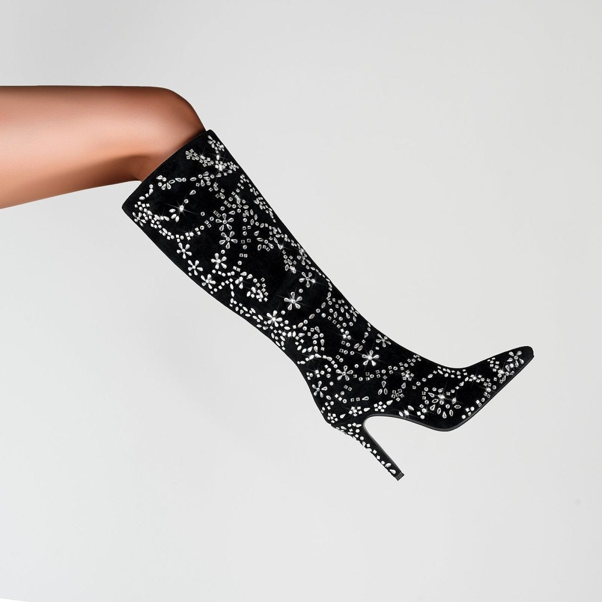 Black floral crystal embellished knee-high boots in deep velvet with a pointed toe and stiletto heel — view 2