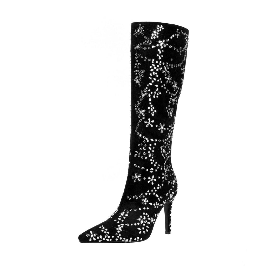Black floral crystal embellished knee-high boots in deep velvet with a pointed toe and stiletto heel — view 3