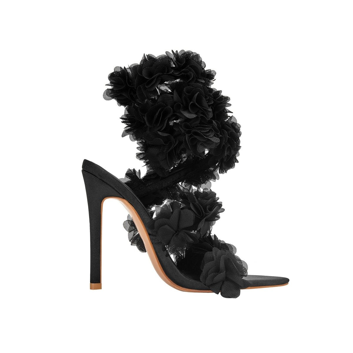 Black furry strappy sandals with chiffon floral petals and sky-high stiletto heels for women — view 5