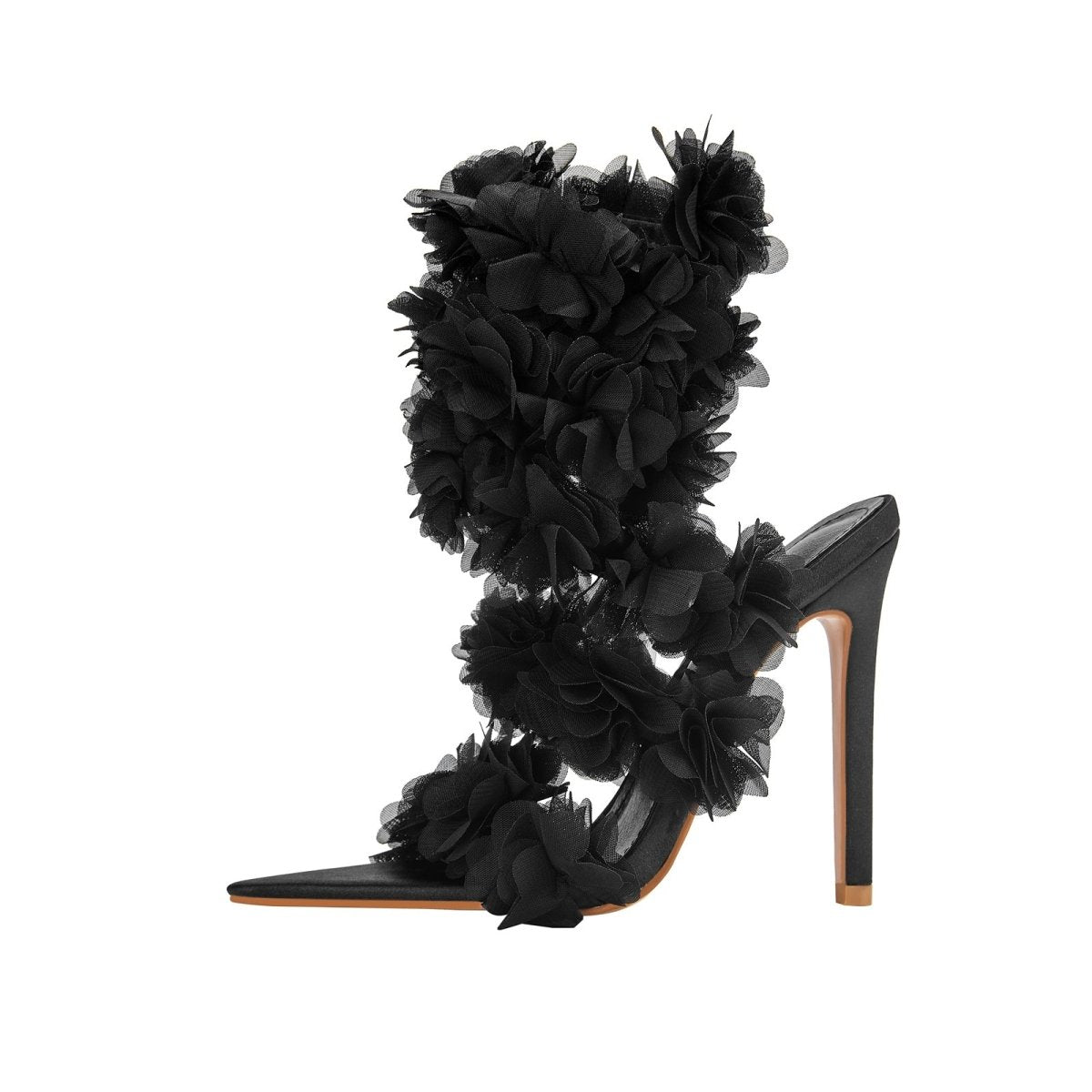 Black furry strappy sandals with chiffon floral petals and sky-high stiletto heels for women — view 3