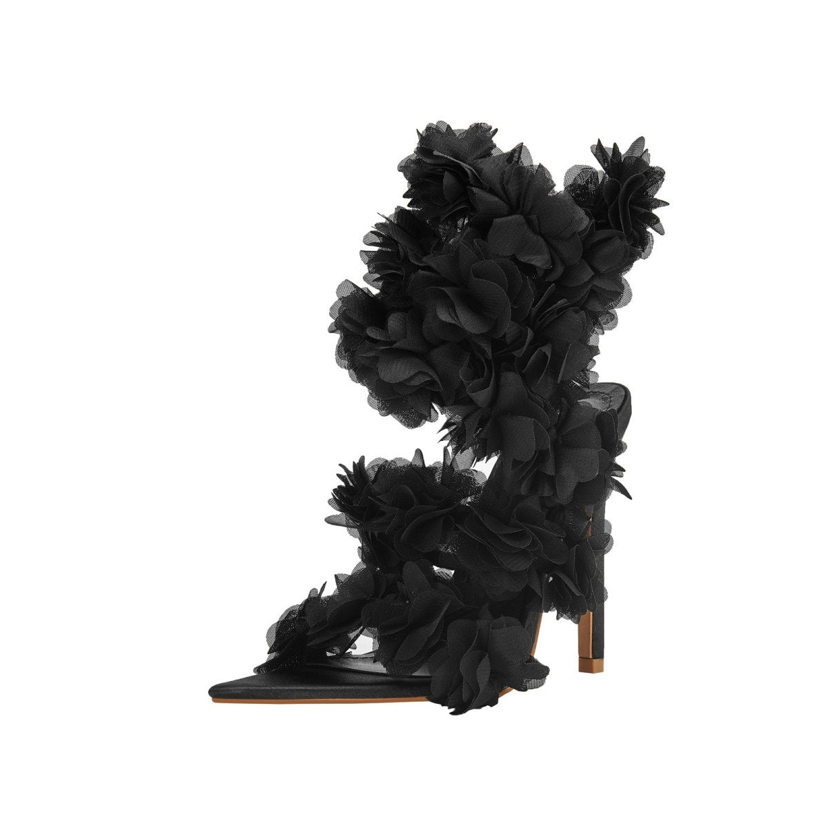 Black furry strappy sandals with chiffon floral petals and sky-high stiletto heels for women — view 4