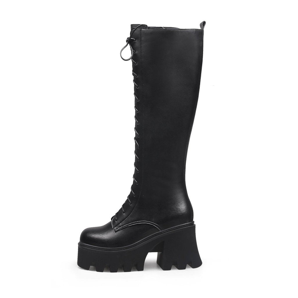 Black lace-up knee-high leather boots with wavy block heels for women