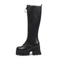 Black lace-up knee-high leather boots with wavy block heels for women