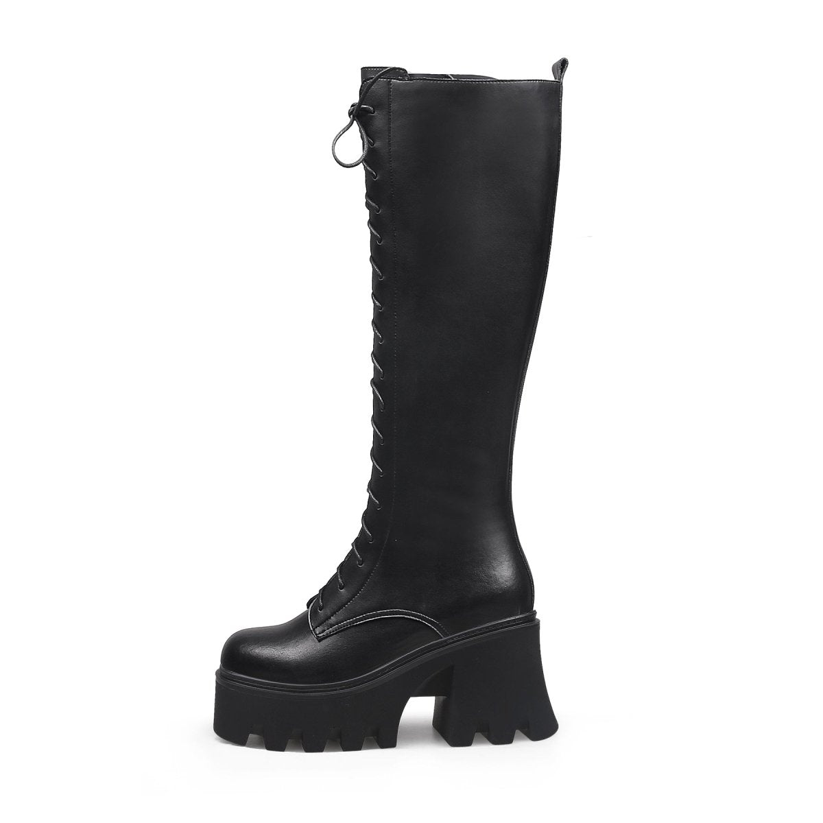Black lace-up knee-high leather boots with wavy block heels for women