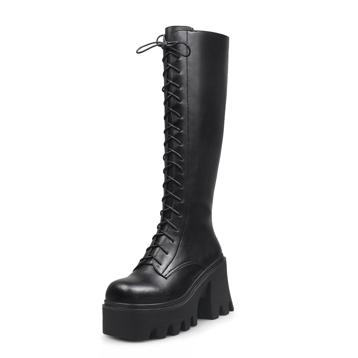 Black lace-up knee-high leather boots with wavy block heels for women — view 2