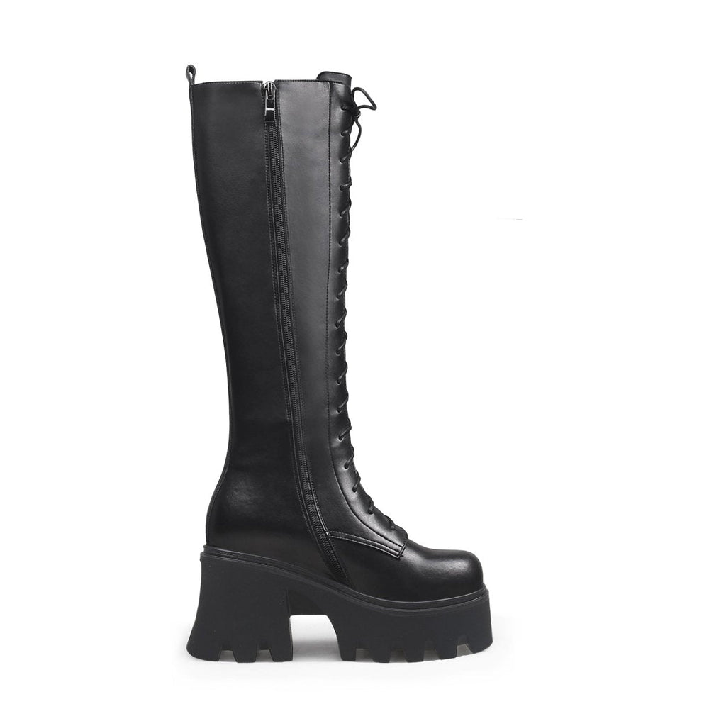 Black lace-up knee-high leather boots with wavy block heels for women — view 3