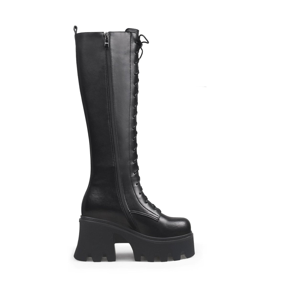 Black lace-up knee-high leather boots with wavy block heels for women — view 3