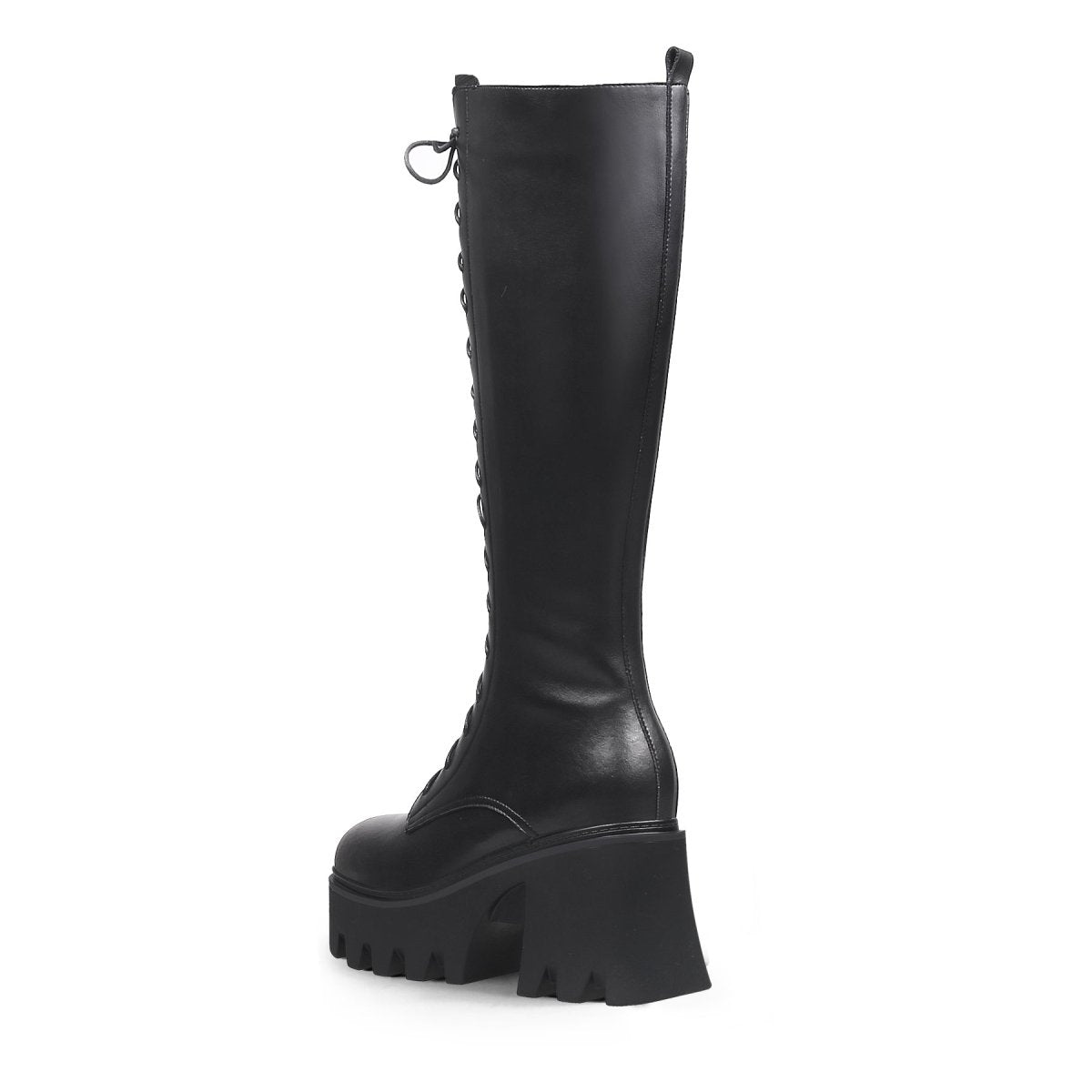 Black lace-up knee-high leather boots with wavy block heels for women — view 4