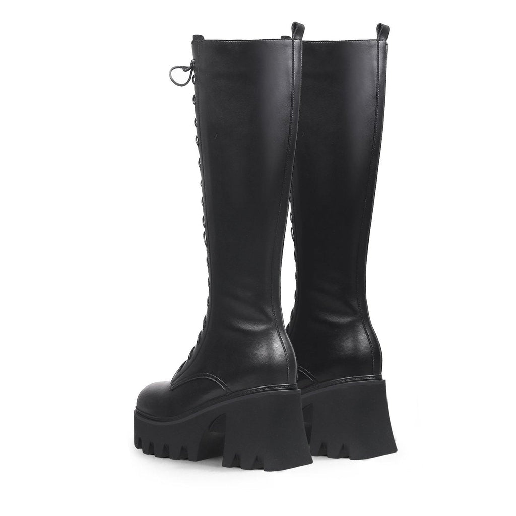 Black lace-up knee-high leather boots with wavy block heels for women — view 5