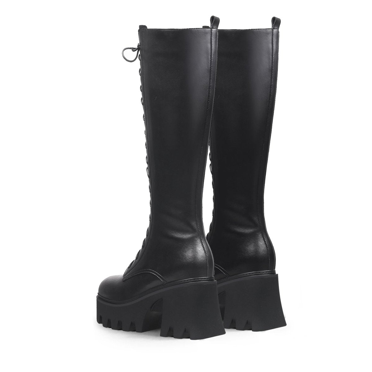 Black lace-up knee-high leather boots with wavy block heels for women — view 5