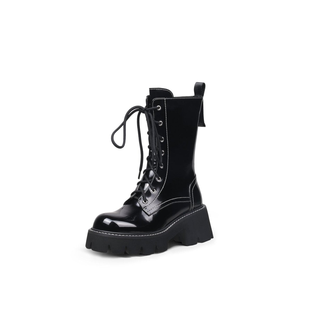 Black leather lace up combat boots with patent shine, block heel, and sharp stitching detail — view 2