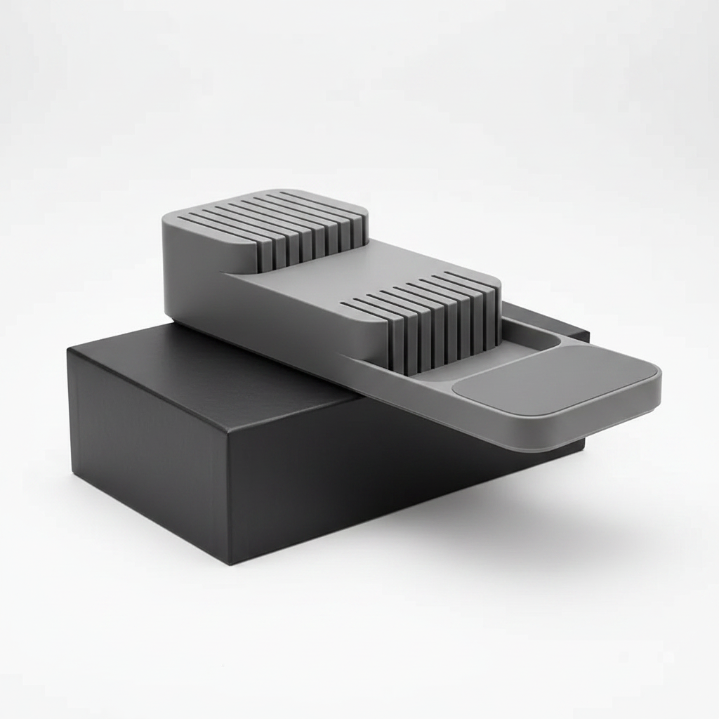 In-drawer knife storage box holding various kitchen knives and cutlery in a modern grey design — view 3