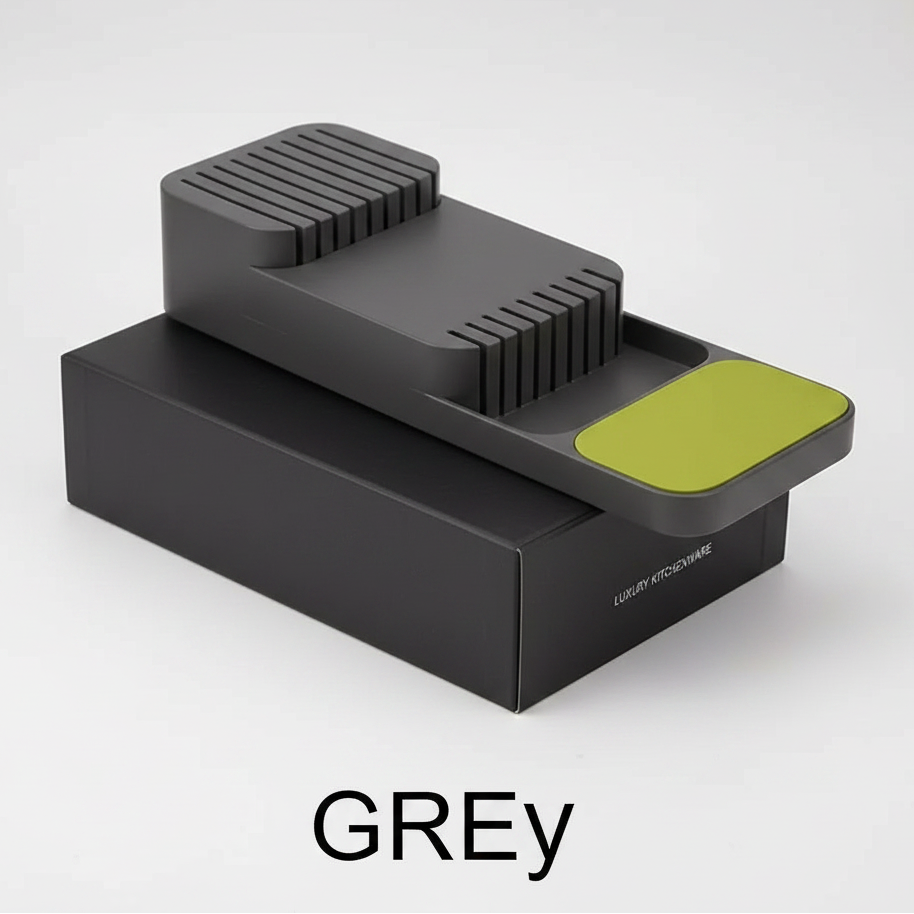 In-drawer knife storage box holding various kitchen knives and cutlery in a modern grey design — view 5